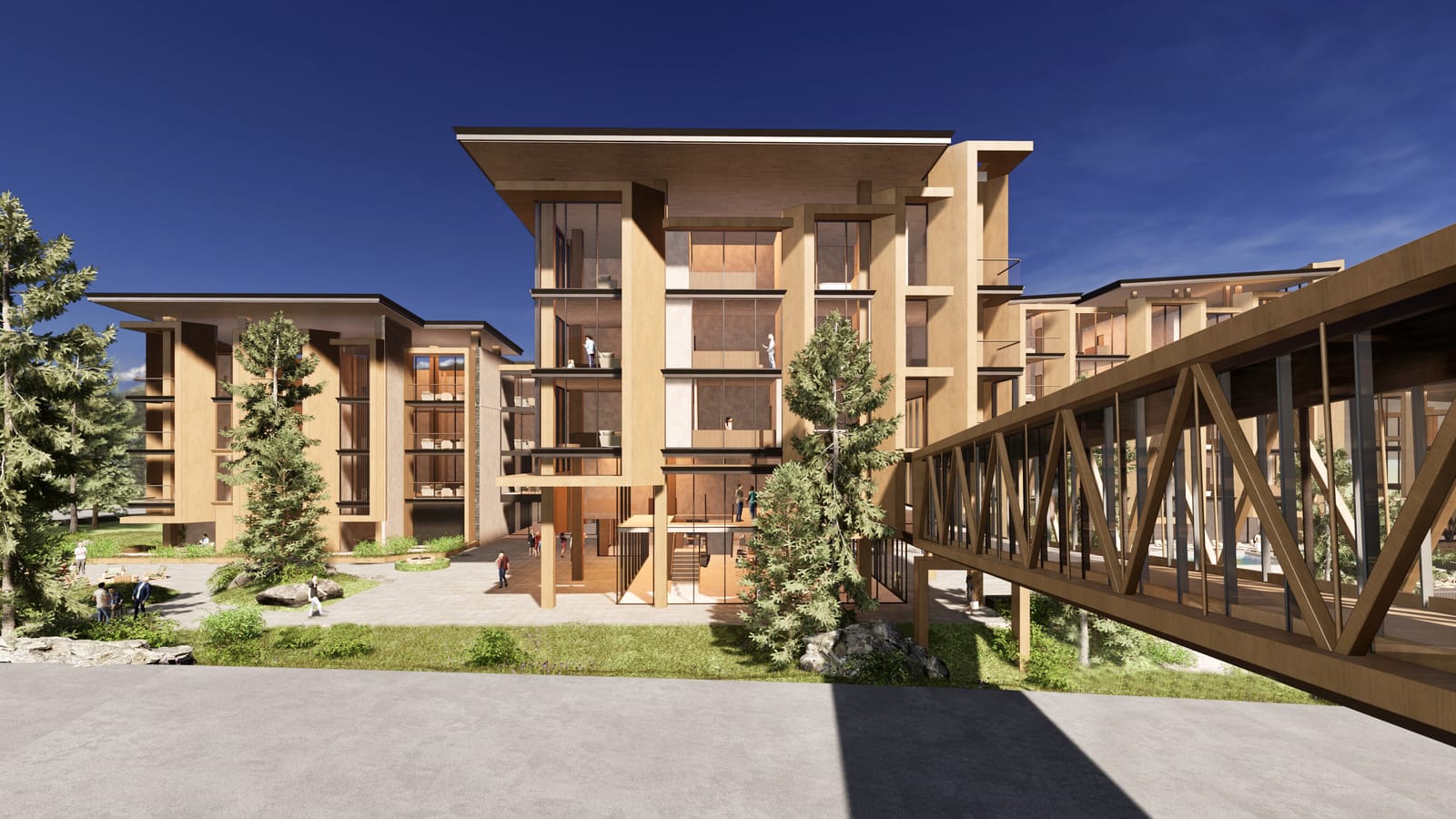 JW Marriott Residences, Mammoth – rendering of the interior courtyard and pedestrian bridge.