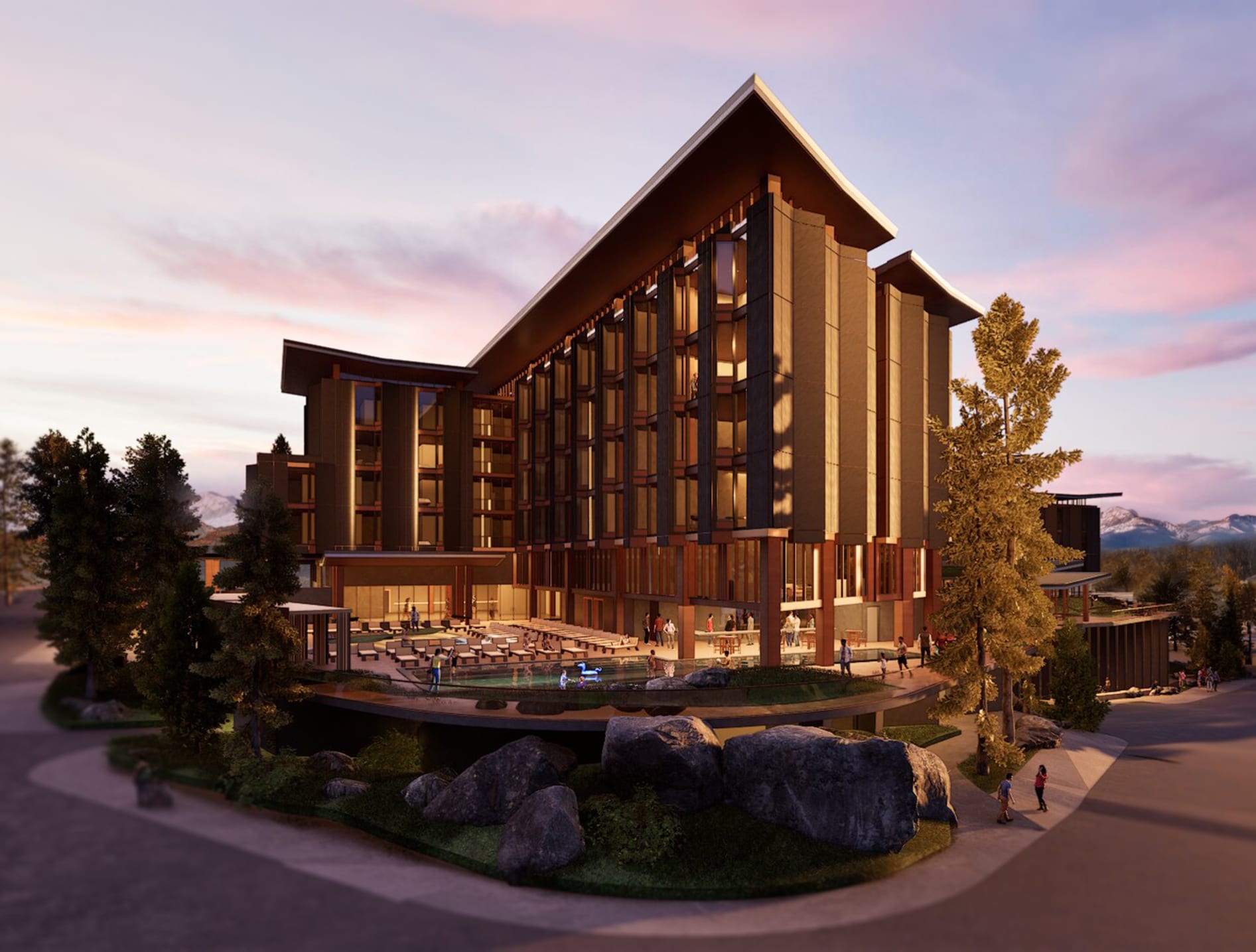 JW Marriott Mammoth Resort & Spa – dusk rendering of the luxury hotel in Mammoth Lakes' North Village, the pool terrace glowing under a pink Sierra sky.