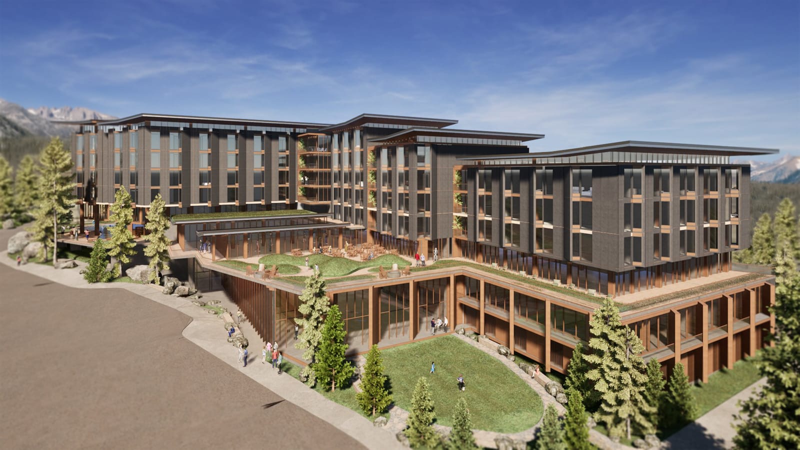 JW Marriott Mammoth Resort & Spa – wide rendering of the full hotel complex and grounds.