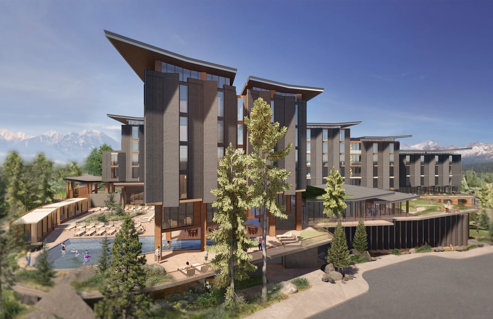 JW Marriott Mammoth Resort & Spa – rendering of the hotel and pool deck with the Sierra Nevada beyond.