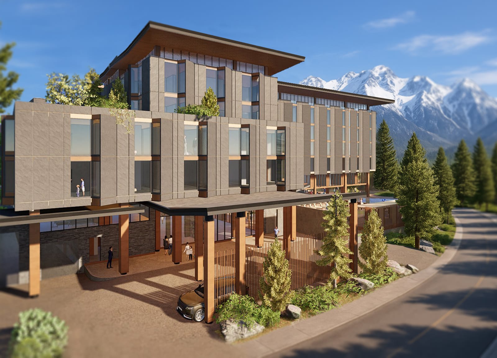 JW Marriott Mammoth Resort & Spa – rendering of the hotel porte-cochère entry with the mountains beyond.
