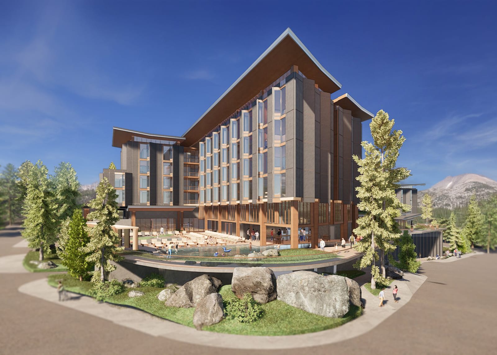 JW Marriott Mammoth Resort & Spa – daytime rendering of the pool terrace and hotel block.