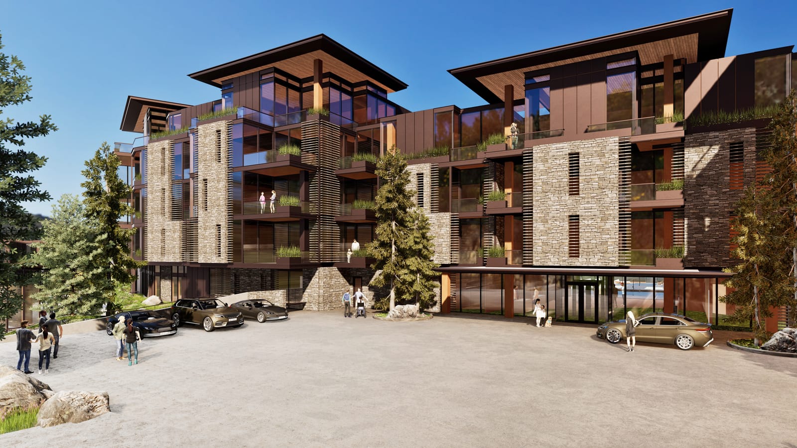 The Ritz-Carlton Residences, Mammoth – rendering of the motor court and full residential façade.