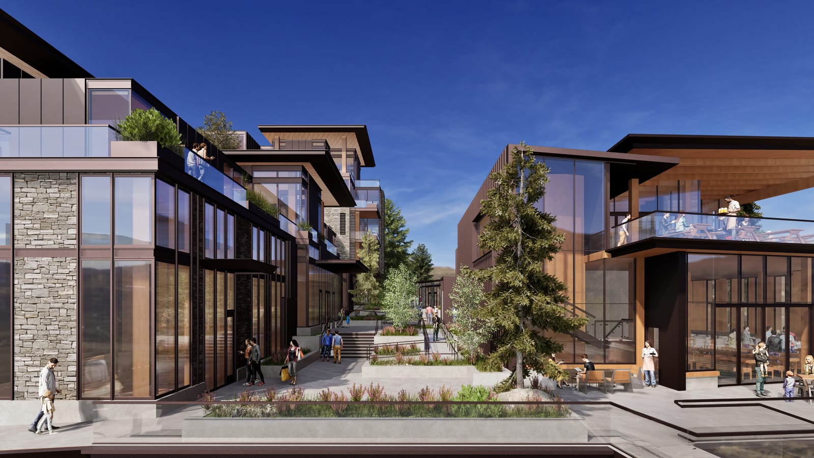 The Ritz-Carlton Residences, Mammoth – rendering of the pedestrian courtyard between buildings.
