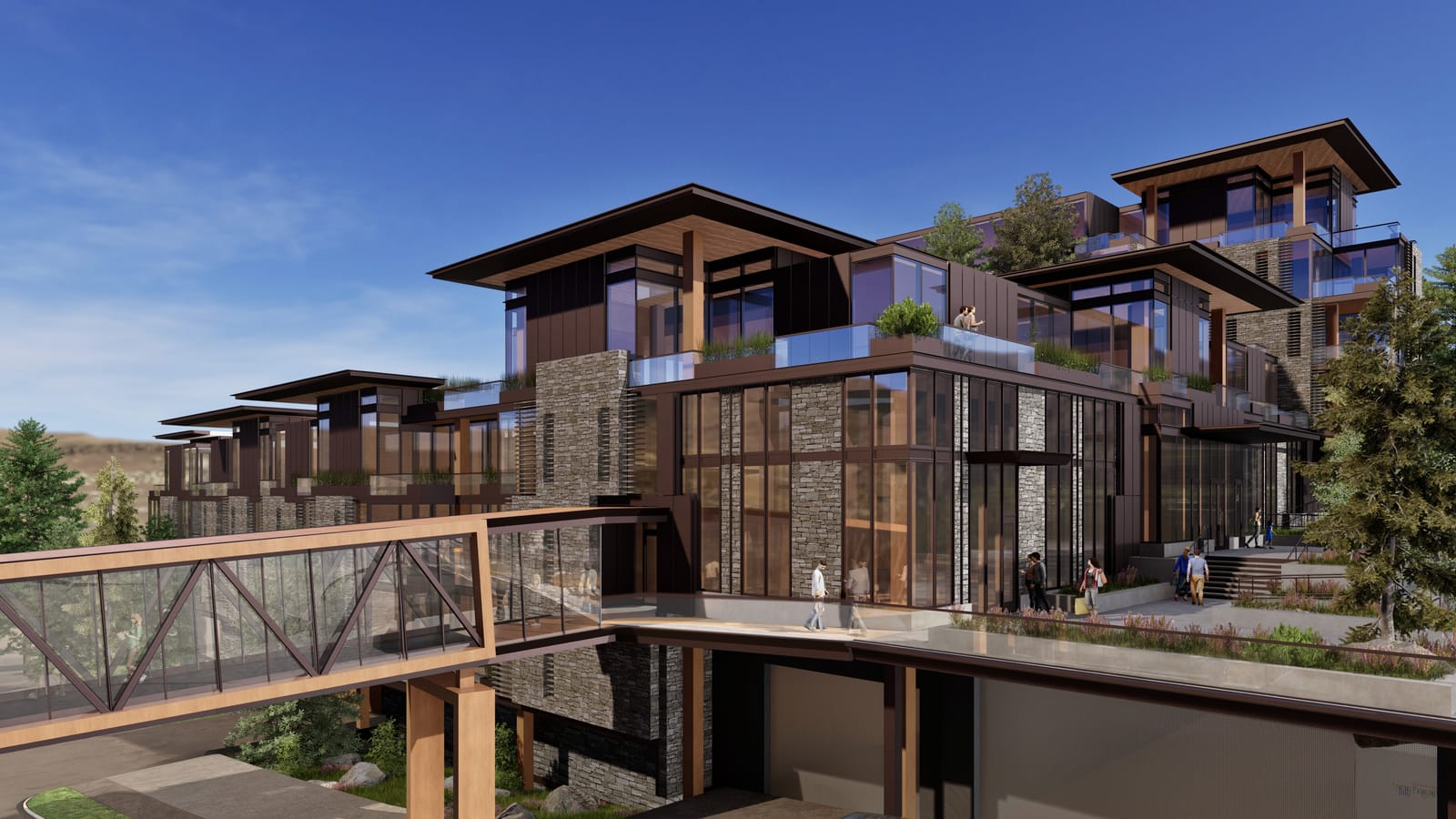 The Ritz-Carlton Residences, Mammoth – rendering of the stone base and connecting bridge.